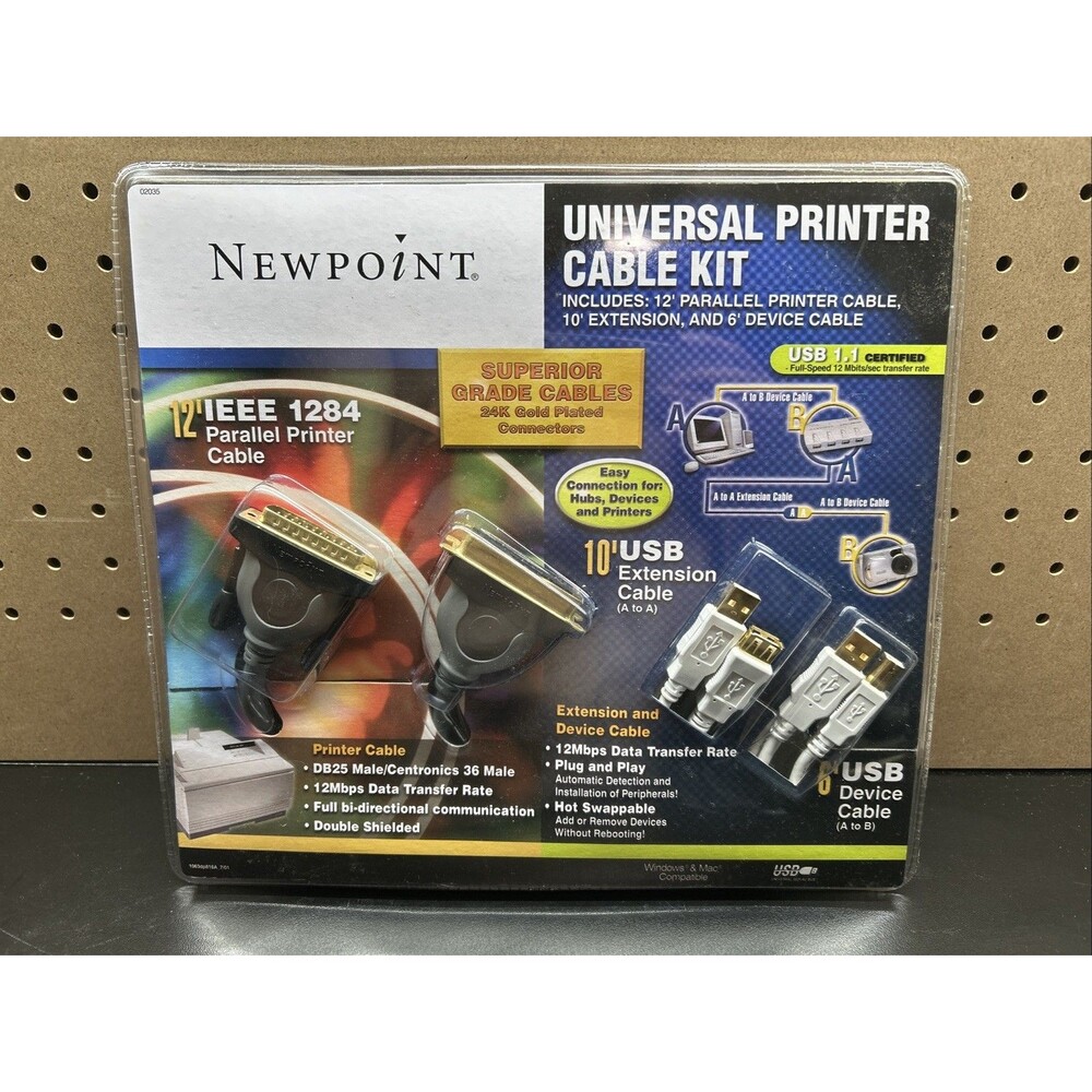 Newpoint Universal Printer Cable Kit 3-Cable Bundle 10' Extension, 6' USB Device